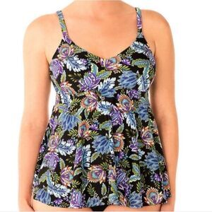 Swim Solutions Womens Boho Play Multicolor V Neck Tankini Top‎ Size 8 New